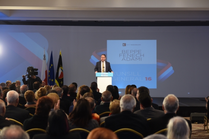 PN deputy leader Beppe Fenech Adami addresses the PN general council. Photo: James Bianchi